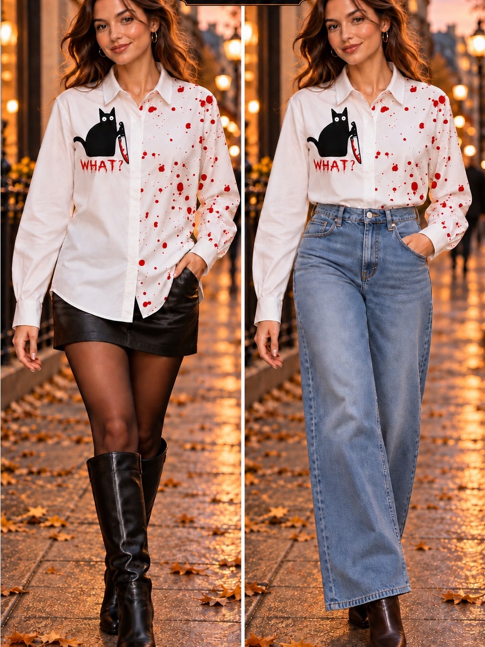 22. Halloween White Cat Graphic Button-Up Shirt with Red Splatter